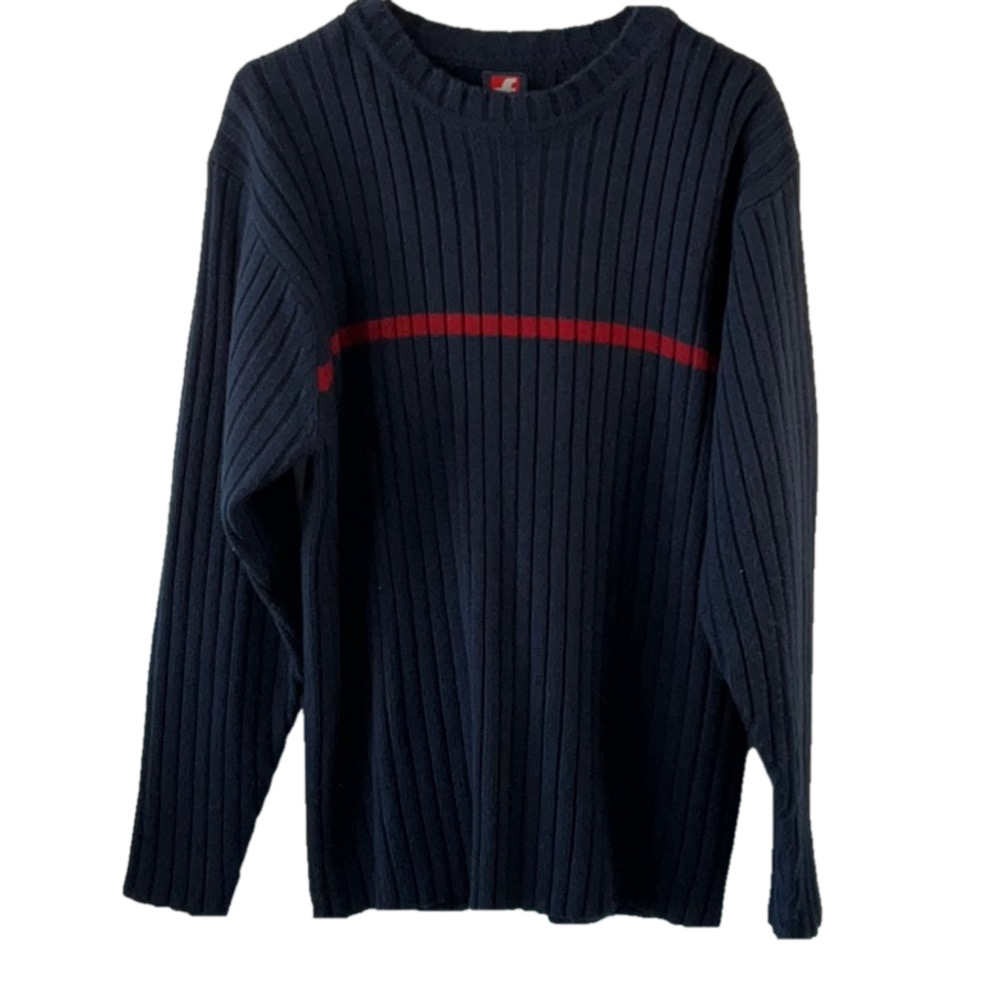 Navy Blue Sweater with Red Stripe